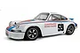 A studio shot of a white HPI Sport 3 1973 Porsche 911 Carrera RSR RC car with blue and red racing stripes and the number 59 on the side.