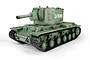 A 1/16 scale Heng Long Russian KV-2 RC tank model in olive green with Cyrillic text on the turret, isolated on a white background.