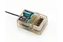 FlySky FBr8 8-channel 2.4GHz receiver with a translucent case and gold-plated pins on a white background.