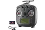 FlySky ST8 10-channel RC transmitter with a carbon fiber pattern finish, shown alongside an SR8 receiver and connection cables.