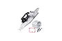 GPM Racing silver aluminium RC chassis plate with pre-installed battery strap, motor mount, and a separate receiver box with screws and a red gasket.