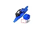 A blue anodized aluminium RC chassis plate with pre-installed motor and battery mounts, a separate blue receiver box, and mounting hardware.