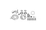 A collection of silver aluminium and black metal parts for an RC car stand, including a locking lever, gear, bearings, screws, and a white plastic washer.