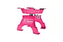 A pink GPM Racing aluminium RC car and truck work stand with a rotating top plate and locking lever, isolated on a white background.