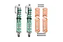 Two GPM Racing aluminium piggyback shock absorbers with green springs, plus four extra orange springs and four metal mounting pins on a white background.