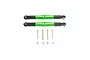 Two green aluminium RC turnbuckles with black plastic ends, accompanied by four metal screws and four metal nuts on a white background.