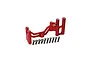 A red anodized aluminium servo mount for RC vehicles, shown with a set of ten matching silver metal screws.