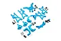 A collection of blue anodized aluminium RC suspension and steering upgrade parts for the Tamiya TT-02B, including arms, shock towers, and hardware.