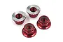 Four red aluminium nyloc nuts with serrated flanges arranged on a white background.