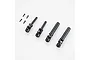A set of four black metal CVD driveshafts and four small black screws on a plain white background.