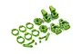 A set of bright green plastic RC car suspension parts including hub carriers, rings, and small brackets on a white background.