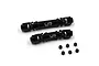 Two black aluminium RC centre driveshafts with universal joints and six small grub screws on a white background.
