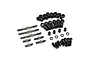 A set of Yeah Racing titanium turnbuckles, black plastic rod ends, ball studs, and washers arranged on a white background.