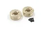 Two gold-coloured brass disc-shaped RC axle weights with drilled patterns and four small black mounting screws on a white background.