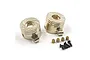 A pair of brass steering hubs for RC cars, featuring a disc brake design, along with four small brass bushings and four black screws.