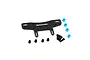 A carbon fibre rear shock tower for an RC car, accompanied by four blue aluminium spacers, four black ball studs, and four black screws.