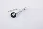 A silver metal RC airplane front landing gear assembly with a single black rubber tire against a plain white background.