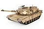 A 1/16 scale Heng Long M1A2 Abrams RC tank in desert tan camouflage, featuring a rotating turret, main cannon, and black tracks on a white background.