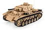 A 1/16 scale Heng Long German Panzer III Type H RC tank in tan camouflage, featuring detailed tracks, turret, and markings on a white background.