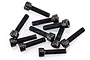 A pile of ten black metal cap head screws with fine threading arranged on a white background.