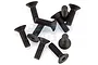 A pile of black metal countersunk head screws for RC vehicles on a white background.