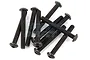 A pile of ten black metal button head screws with fine threads, suitable for RC hobby applications.
