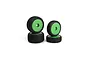 Four Maverick 1/24 scale RC buggy wheels with black rubber treaded tyres and bright green dish rims, arranged in two stacks on a white background.