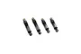 Four grey aluminium adjustable shock absorbers for RC cars arranged in a row against a white background.