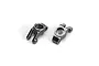 Two grey aluminium rear hub carriers for an RC car, shown from different angles on a white background.