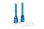 Two blue anodized aluminium RC outdrive cups standing upright with a small white plastic parts tree on a white background.