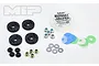 MIP Bypass1 Hi-Flow shock piston kit including four black pistons, nuts, washers, and various coloured valve discs in a small container.