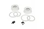 A set of two white Losi 5IVE-T RC car rims with matching beadlock rings and black mounting screws on a white background.