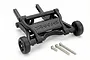 A black Traxxas wheelie bar assembly with two small wheels and three metal screws on a white background.