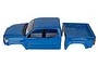 A blue Element RC Enduro Knightrunner painted polycarbonate RC truck body shell, shown in two separate pieces against a white background.