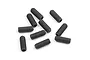 A collection of ten black metal grub screws scattered on a white background.