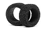 Two black soft foam RC car tyres standing upright against a white background.