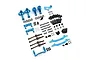A collection of blue anodized aluminium RC car suspension and steering upgrade parts, including hubs, driveshafts, and linkages on a white background.