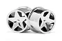 Two shiny chrome-plated five-spoke RC car rims from HPI Racing, shown against a plain white background.