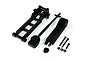 A disassembled black plastic 1/10 scale floor jack kit for RC cars, including the main frame, handle, lifting arm, and small hardware components.