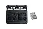 A black plastic Pandora RC 1/10 scale radiator assembly with dual fan detail and a set of small mounting screws on a white background.