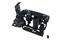 Black plastic RC car muffler and engine accessory parts on a sprue frame with three small screws.