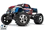 Traxxas Stampede 4x4 RC monster truck with blue, black, and red body graphics, chrome wheels, and large off-road tires on a white background.
