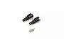 Two black metal differential outdrives and four small metal pins on a white background.