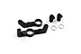 A set of black anodized aluminium steering assembly parts for an RC car, including two steering arms, two threaded posts, and two silver washers.
