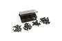 A Yeah Racing titanium screw set including a partitioned plastic storage box and various sizes of metal screws arranged in piles on a white background.