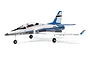 E-Flite UMX Viper EDF RC jet plane in white, blue, and grey livery with landing gear, viewed from the side against a white background.