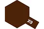 A graphic representation of Tamiya X-9 Brown Gloss Enamel paint, featuring a brown hexagon with the text X9 in white.