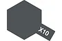 A graphic representation of the Tamiya X-10 Gun Metal paint label, featuring a dark grey hexagon with a small rectangular tab labeled X10 in white text.