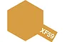 A hexagonal swatch of Tamiya XF-59 Desert Yellow paint with the text XF59 printed in white on a small tab extending from the bottom right.