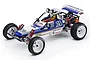 A studio shot of the Kyosho Turbo Scorpion 1/10 scale 2WD electric RC buggy, featuring a white and blue body, roll cage, and off-road tires.